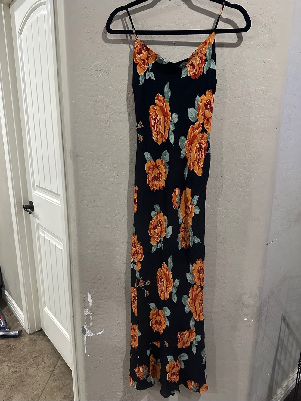 Reformation Black Slip Dress with Orange Rose Motif